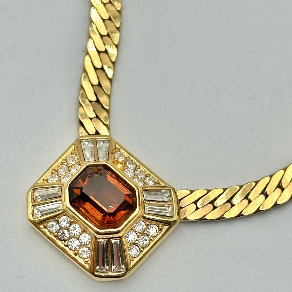 Vintage Dior Gold Necklace Amber Rhinestone Chain 80s 90s - Picture 2 of 9